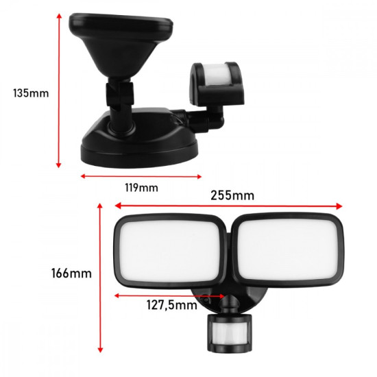 Ścienna lampa LED, czujnik PIR MCE524B 20W, 1500lm, IP65. neutral white 4000K, czarna 