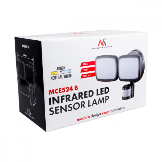 Ścienna lampa LED, czujnik PIR MCE524B 20W, 1500lm, IP65. neutral white 4000K, czarna 
