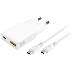 Ładowarka sieciowa PDPlug 20W GaN + USB-C + USB-A + kabel USB-C  1,5m Biała 