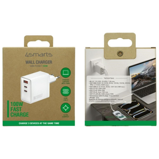 Ładowarka sieciowa Pocket 100W GaN 2xUSB-C + USB-A Biała 