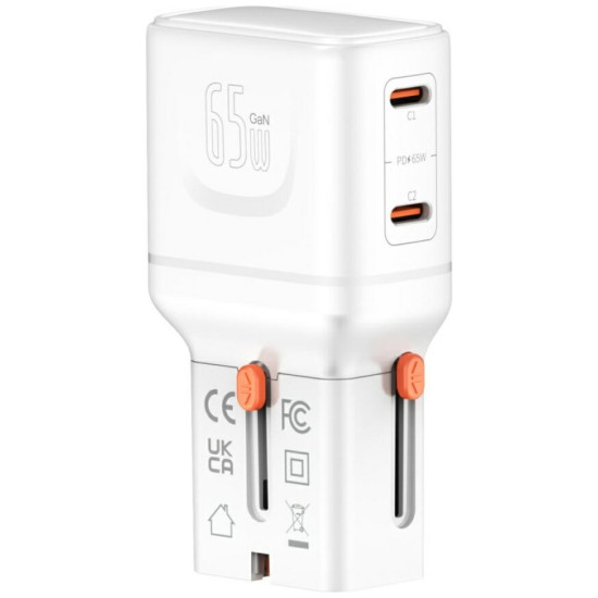 Ładowarka podróżna World Travel 65W USB-C + USB-A Biała 