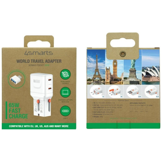 Ładowarka podróżna World Travel 65W USB-C + USB-A Biała 