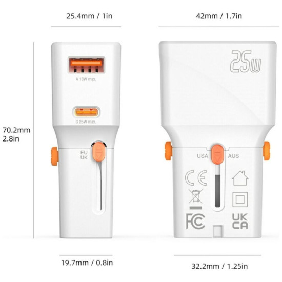 Ładowarka podróżna World Travel 25W USB-C + USB-A Biała 