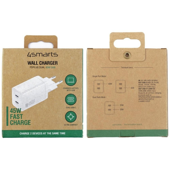 Ładowarka sieciowa PDPlug Dual 45W 2xUSB-C Biała 