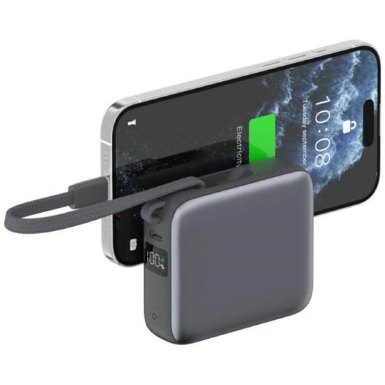 Powerbank Pocket Dual Cord 10000mAh 22,5W z wbudowanym kablem USB-C 15cm Szary 