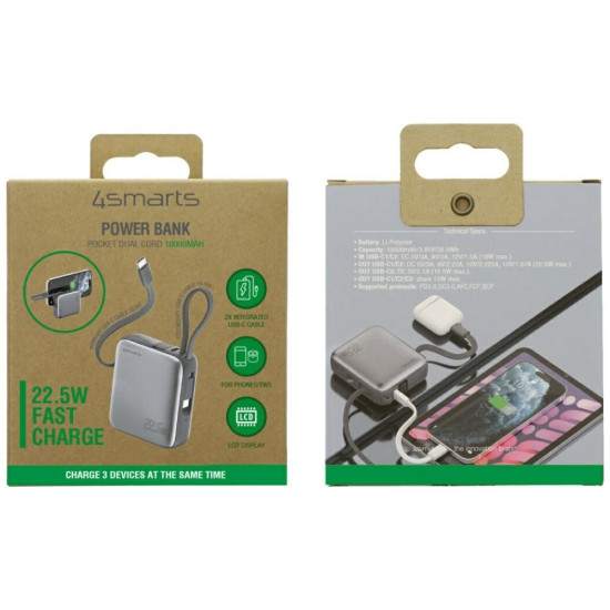 Powerbank Pocket Dual Cord 10000mAh 22,5W z wbudowanym kablem USB-C 15cm Szary 