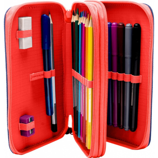 Piórnik dwukomorowy z wyposażeniem Spiderman czerwony-niebieski