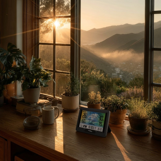 Stacja pogodowa bezprzewodowa GB540N wskaźnik komfortu, pomiar wilgotności, fazy księżyca, zegar z systemem DCF