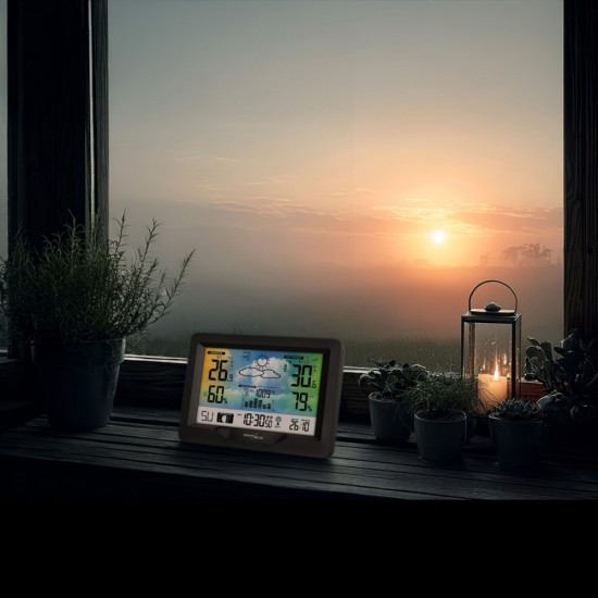 Stacja pogodowa bezprzewodowa GB540N wskaźnik komfortu, pomiar wilgotności, fazy księżyca, zegar z systemem DCF