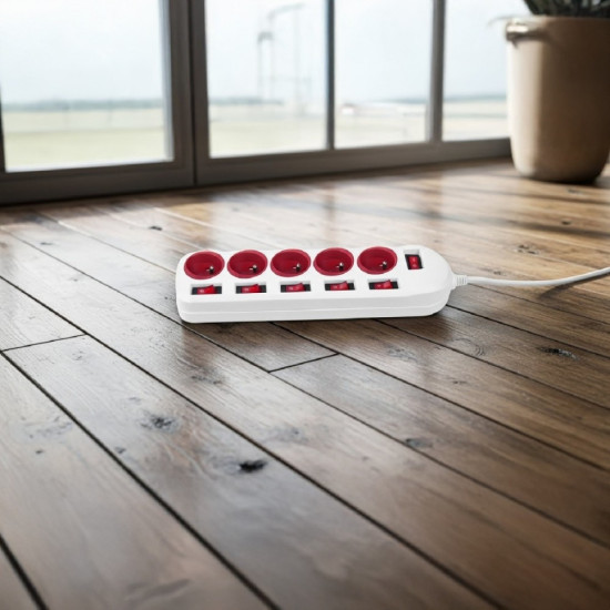 Listwa zasilajaca 5 gniazd z włącznikami MCE204 R/W Biało-czerwona