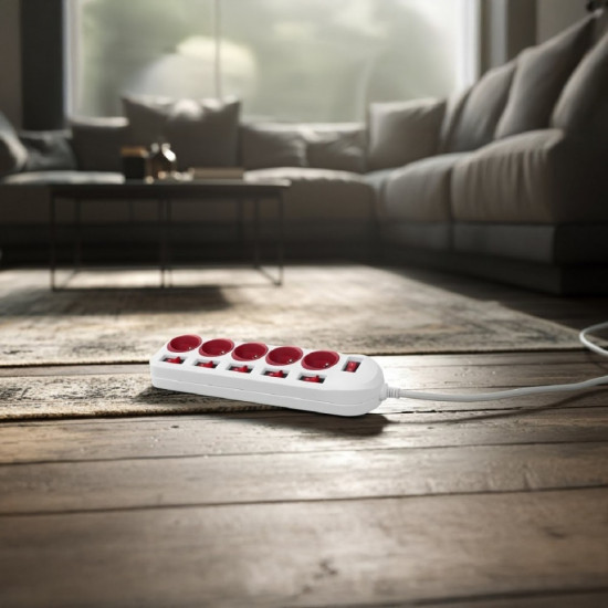 Listwa zasilajaca 5 gniazd z włącznikami MCE204 R/W Biało-czerwona