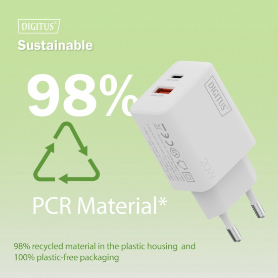 Ładowarka sieciowa/zasilacz USB 20W, 1x USB-C, 1x USB-A, biała 