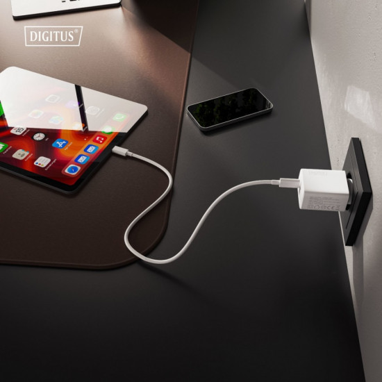 Ładowarka sieciowa/zasilacz USB GaN 30W, 1x USB-C, 1x USB-A, biała