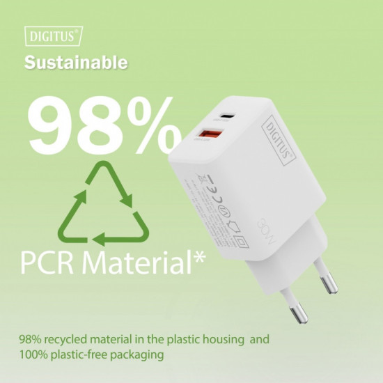 Ładowarka sieciowa/zasilacz USB GaN 30W, 1x USB-C, 1x USB-A, biała