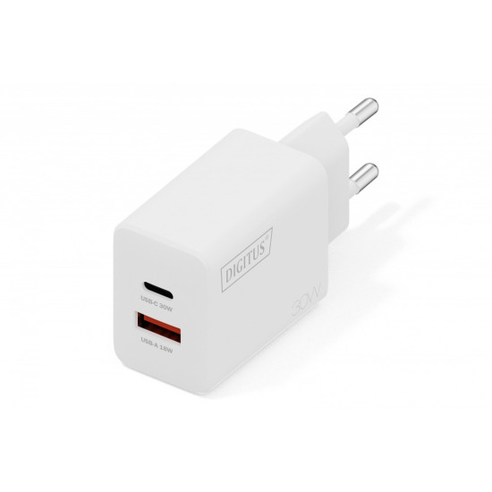 Ładowarka sieciowa/zasilacz USB GaN 30W, 1x USB-C, 1x USB-A, biała