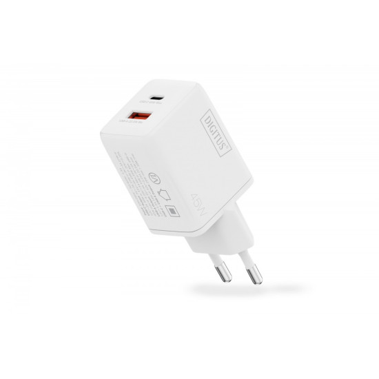 Ładowarka sieciowa/zasilacz USB GaN 45W, 1x USB-C, 1x USB-A, biała 