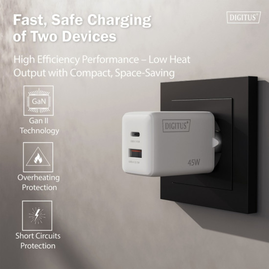 Ładowarka sieciowa/zasilacz USB GaN 45W, 1x USB-C, 1x USB-A, biała 