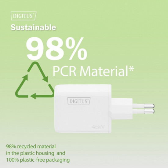 Ładowarka sieciowa/zasilacz USB GaN 45W, 1x USB-C, 1x USB-A, biała 