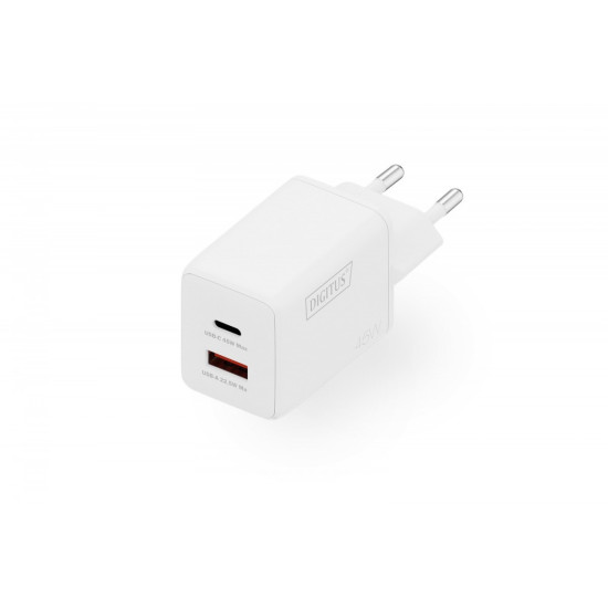 Ładowarka sieciowa/zasilacz USB GaN 45W, 1x USB-C, 1x USB-A, biała 