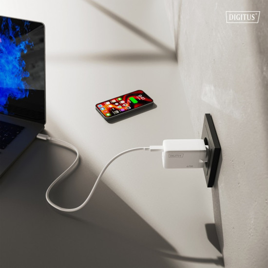 Ładowarka sieciowa/zasilacz USB GaN 67W, 2x USB-C, 1x USB-A, biała 