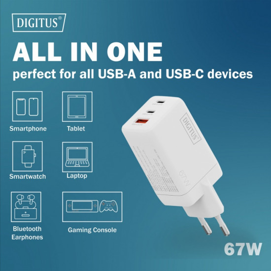 Ładowarka sieciowa/zasilacz USB GaN 67W, 2x USB-C, 1x USB-A, biała 