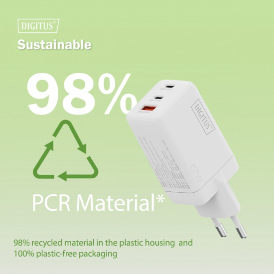 Ładowarka sieciowa/zasilacz USB GaN 67W, 2x USB-C, 1x USB-A, biała 