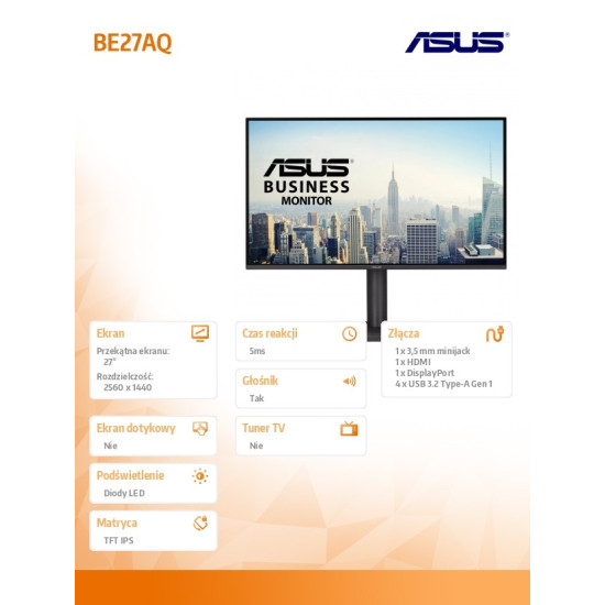 Monitor 27 cali BE27AQ BU IPS QHD HDMI USB DP