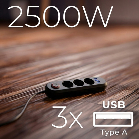 Listwa zasilająca MCE394 B, 1,5m|3 gniazda + 3xUSB. 110-240V AC 50/60Hz, 2.1A max 2500W, czarna