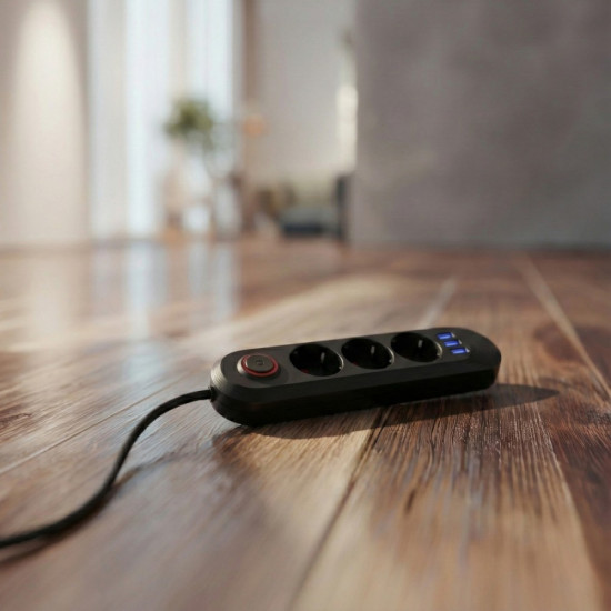 Listwa zasilająca MCE394 B, 1,5m|3 gniazda + 3xUSB. 110-240V AC 50/60Hz, 2.1A max 2500W, czarna