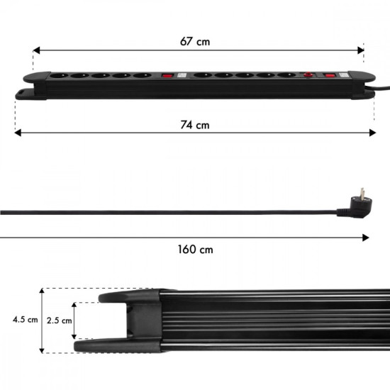 Listwa zasilająca 10 gniazd z 2 włącznikami Energy MCE10 zabezpieczenie i sygnalizacja przeciążenia 3680W