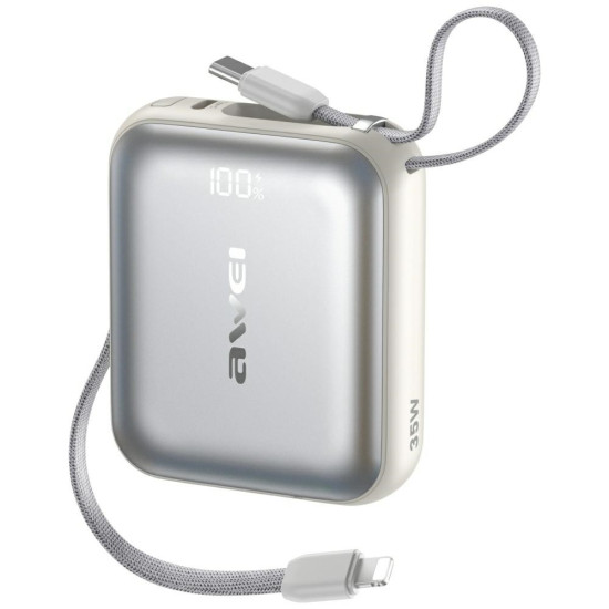 Powerbank AS-181 35W 10000mAh + kable Lightning i USB-C srebrny 