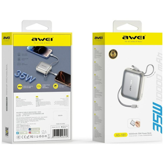Powerbank AS-181 35W 10000mAh + kable Lightning i USB-C srebrny 
