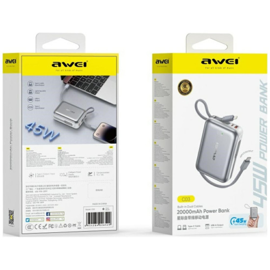 Powerbank C03 20000mAh 45W USB-A/USB-C + kable Lightning         USB-C - srebrny 