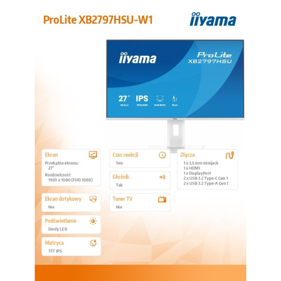 Monitor 27 cali XB2797HSU-W1 IPS, FHD, HDMI, DP, 120Hz, 2xUSBv3.2, 2xUSB-C, 350 CD, x2W, HAS 150/PIVOT, Biały