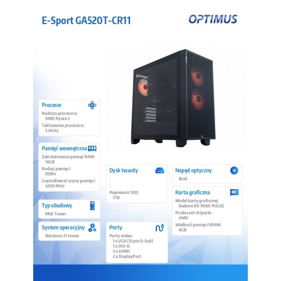 Komputer E-Sport GA520T-CR12 Ryzen 5 5500/16GB/1TB/RX 9060 OC 8GB/W11H