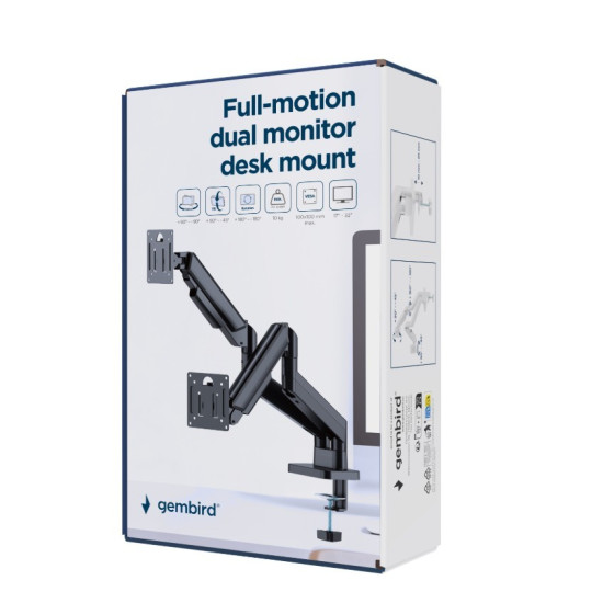 Ramię biurkowe na dwa monitory regulowane, od 17 do 32 cala obciążenie do 10kg, kolor czarny