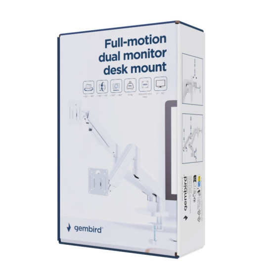 Ramię biurkowe  na dwa monitory regulowane, od 17 do 32 cale obciążenie do 10kg, kolor biały