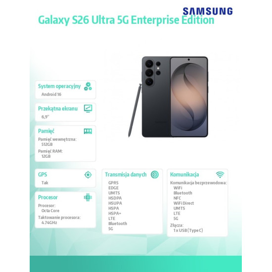 Smartfon Galaxy S26 Ultra 5G 12/512GB DualSIM Enterprise Edition czarny