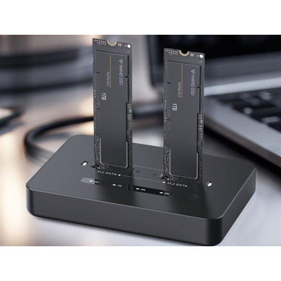 Stacja dokująca do komputerów stacjonarnych z dwoma dyskami SSD USB typu C, M.2 NVME (i SATA), czarna