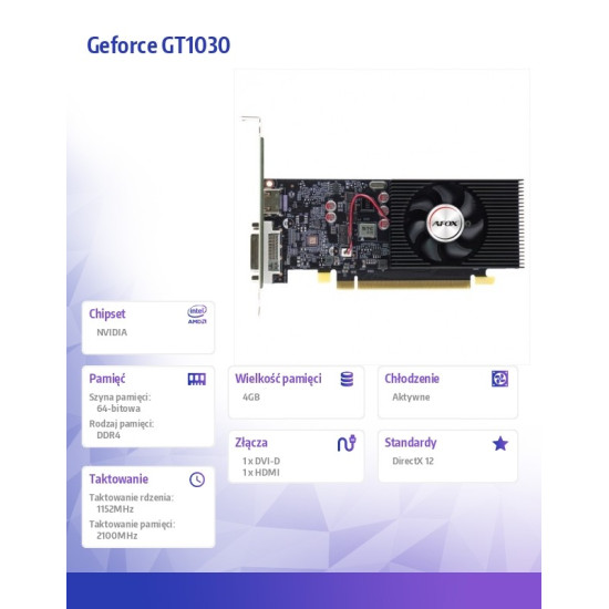 Karta graficzna - Geforce GT1030 4GB GDDR4 64Bit DVI HDMI LP Fan 