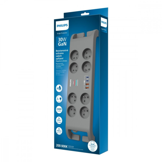 Listwa antyprzepięciowa 2m,8 gniazd, 2xUSB-C, 2xUSB-A,  30W GaN, 2400 J ochrony przeciwprzepięciowej 