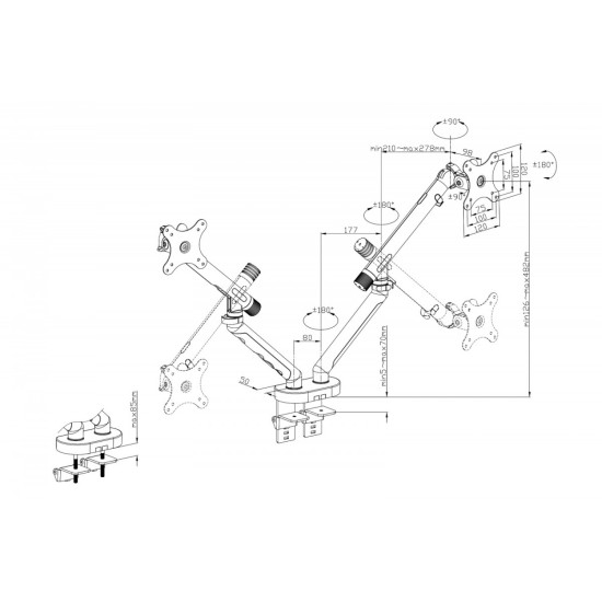 Ramię biurkowe podwójne z zaciskiem i sprężyną mechaniczną 2x LCD max. 35