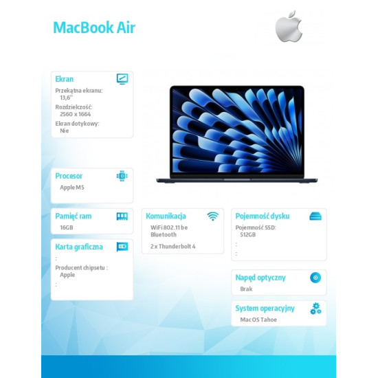 MacBook Air 13.6 cala: M5 10/8, 16GB, 512GB SSD, bez zasilacza - Północ