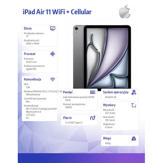 iPad Air 11 cali WiFi + Cellular 128GB Gwiezdna szarość