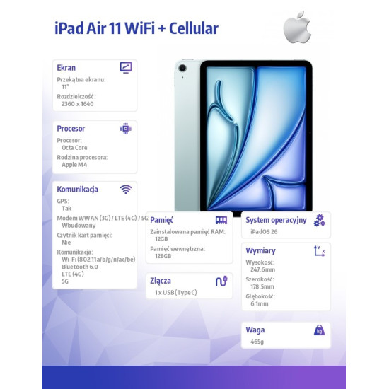iPad Air 11 cali WiFi + Cellular 128GB Niebieski