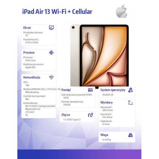 iPad Air 13 cali Wi-Fi + Cellular 256GB Księżycowa poświata