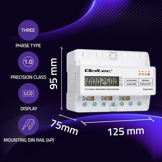 Trójfazowy elektroniczny licznik | miernik zużycia energii na szynę DIN | 400V | 100A | LCD | LED | 7P 