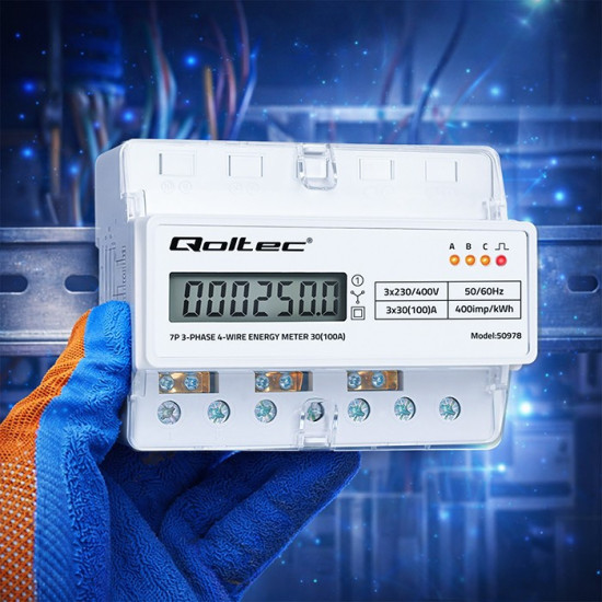 Trójfazowy elektroniczny licznik | miernik zużycia energii na szynę DIN | 400V | 100A | LCD | LED | 7P 
