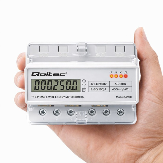 Trójfazowy elektroniczny licznik | miernik zużycia energii na szynę DIN | 400V | 100A | LCD | LED | 7P 