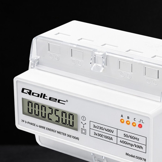 Trójfazowy elektroniczny licznik | miernik zużycia energii na szynę DIN | 400V | 100A | LCD | LED | 7P 